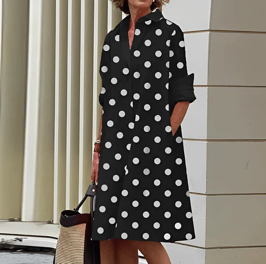 Modern shirt dress with turn-down collar and three-quarter sleeves