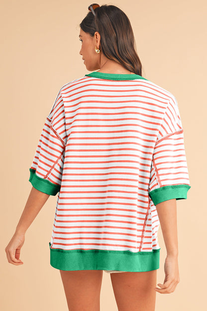 Black Stripe Contrast Trim Drop Sleeve Loose Top