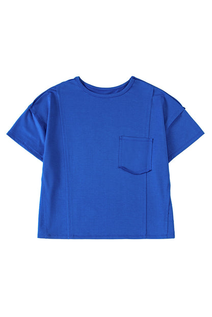 Blue Patched Pocket Exposed Seam Oversize T-shirt