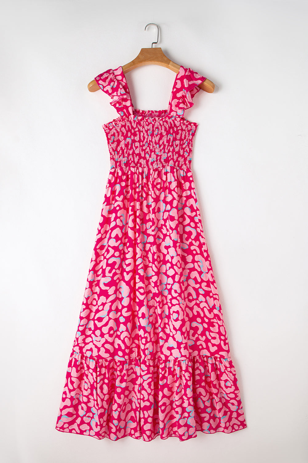 Pink Leopard Ruffle Straps Smocked High Waist Maxi Dress