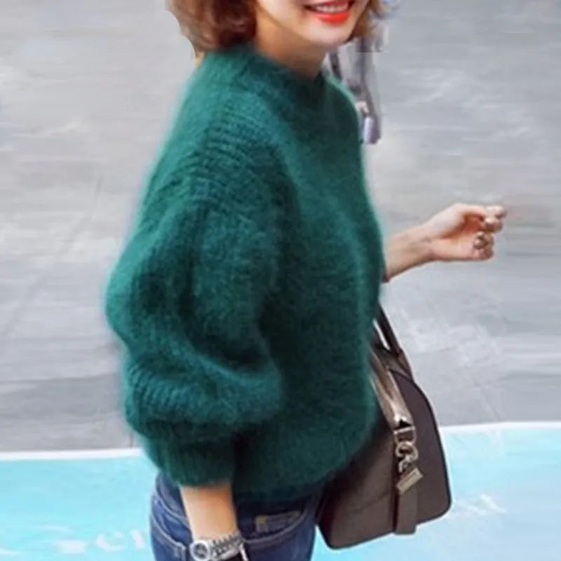 Women's knitted sweater in a casual vintage angora style