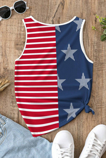 Red USA Flag Print Colorblock Round Neck Tank Top