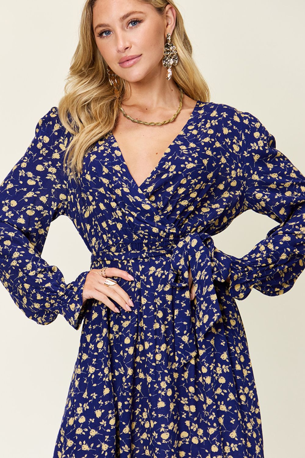 Double Take Full Size Tie Back Flounce Sleeve Dress