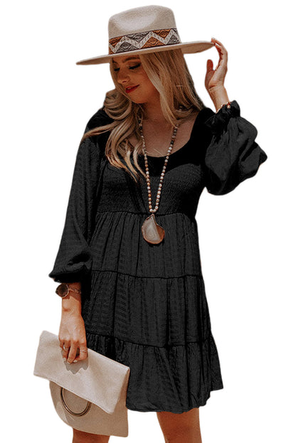 Black Puff Sleeve Smocked Tiered Short Dress