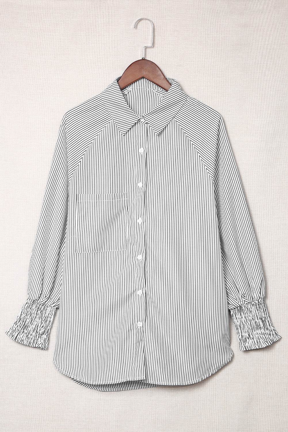 Light Blue Striped Casual Shirred Cuffs Shirt