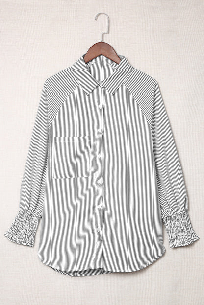 Light Blue Striped Casual Shirred Cuffs Shirt