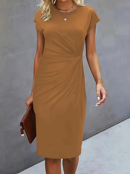 Elizabeth – solid color round neck dress with crew neck