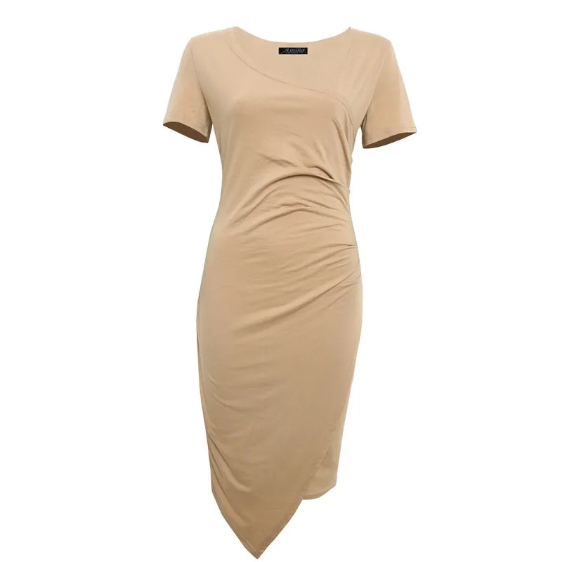 Elizabeth – solid color round neck dress with crew neck