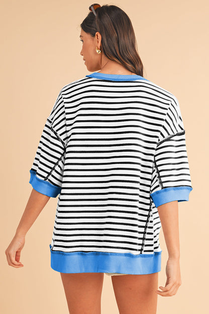 Black Stripe Contrast Trim Drop Sleeve Loose Top