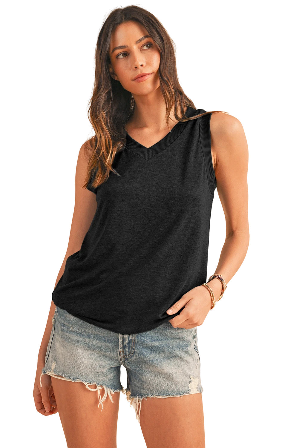 Mist Green Contrast Trim V-Neck Loose Fit Tank Top