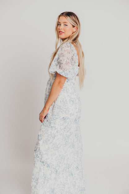 Daphne High Slit Eyelet Detail Maxi Dress in Blue and White Floral - Inclusive Sizing (S-3XL)