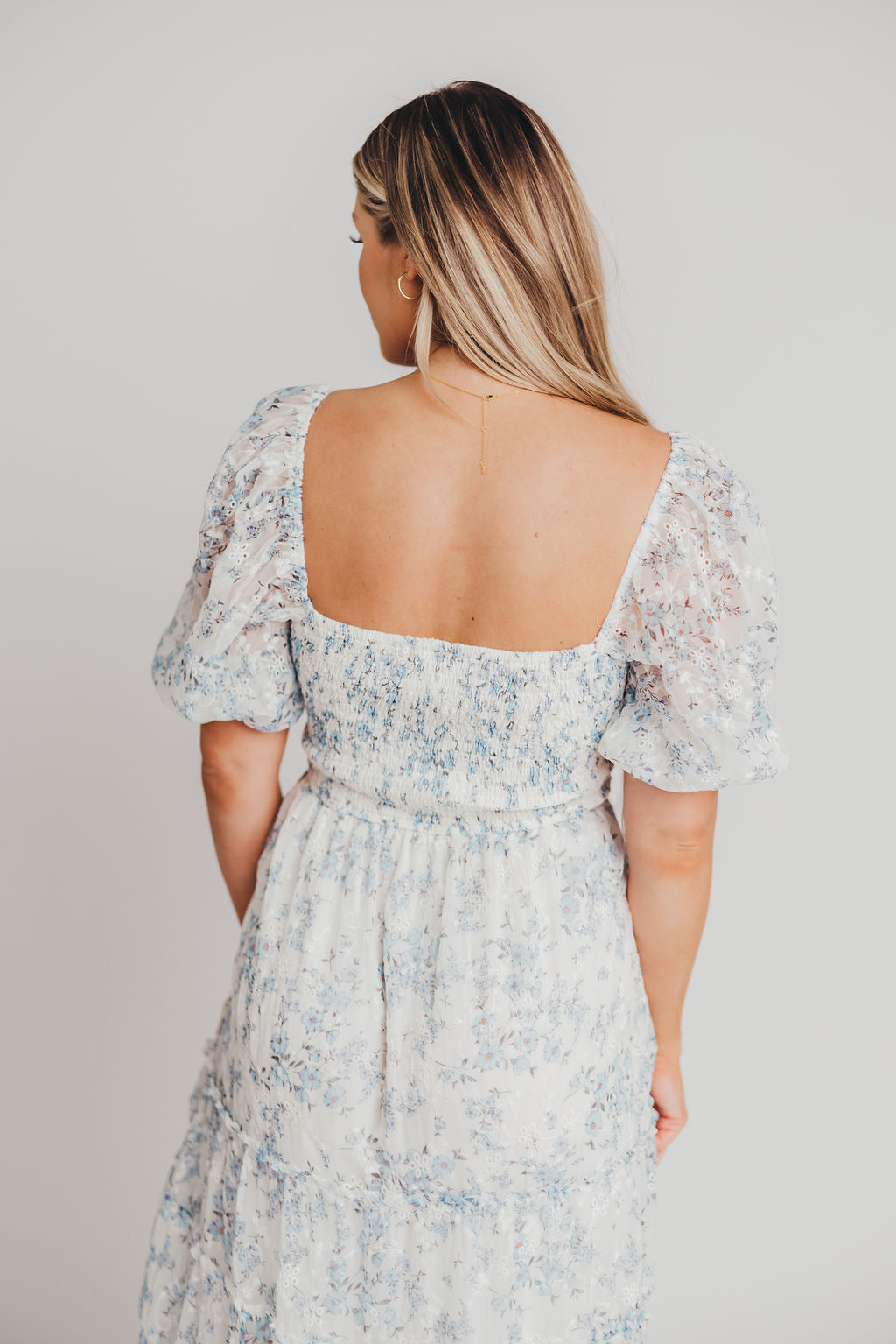 Daphne High Slit Eyelet Detail Maxi Dress in Blue and White Floral - Inclusive Sizing (S-3XL)