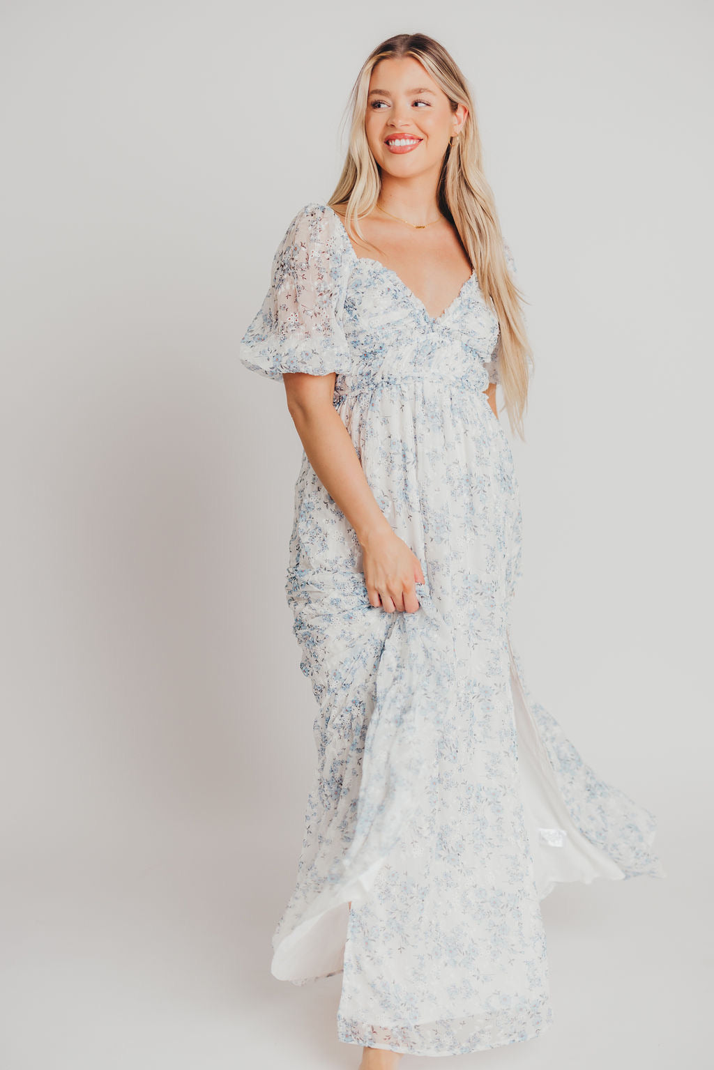 Daphne High Slit Eyelet Detail Maxi Dress in Blue and White Floral - Inclusive Sizing (S-3XL)