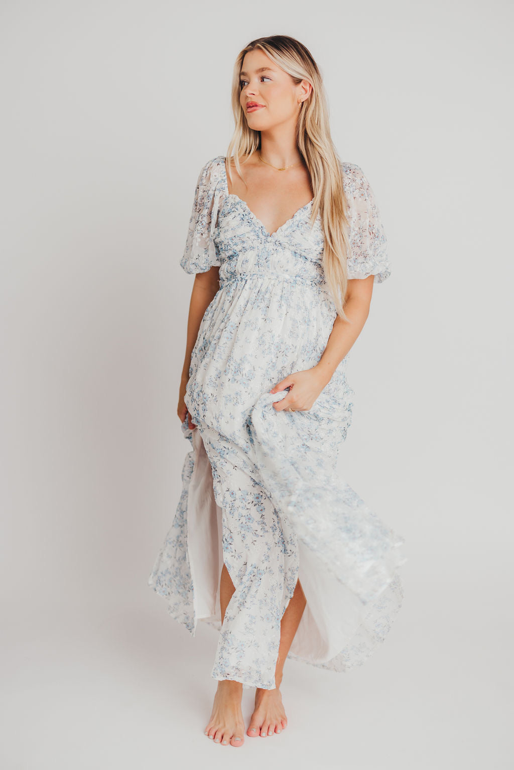 Daphne High Slit Eyelet Detail Maxi Dress in Blue and White Floral - Inclusive Sizing (S-3XL)