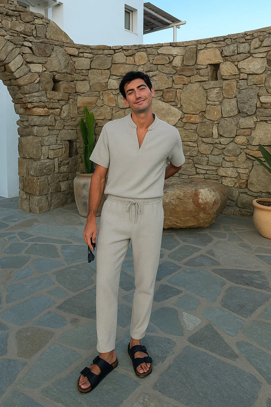 Modern men’s lounge set with stand-collar polo & pants – men