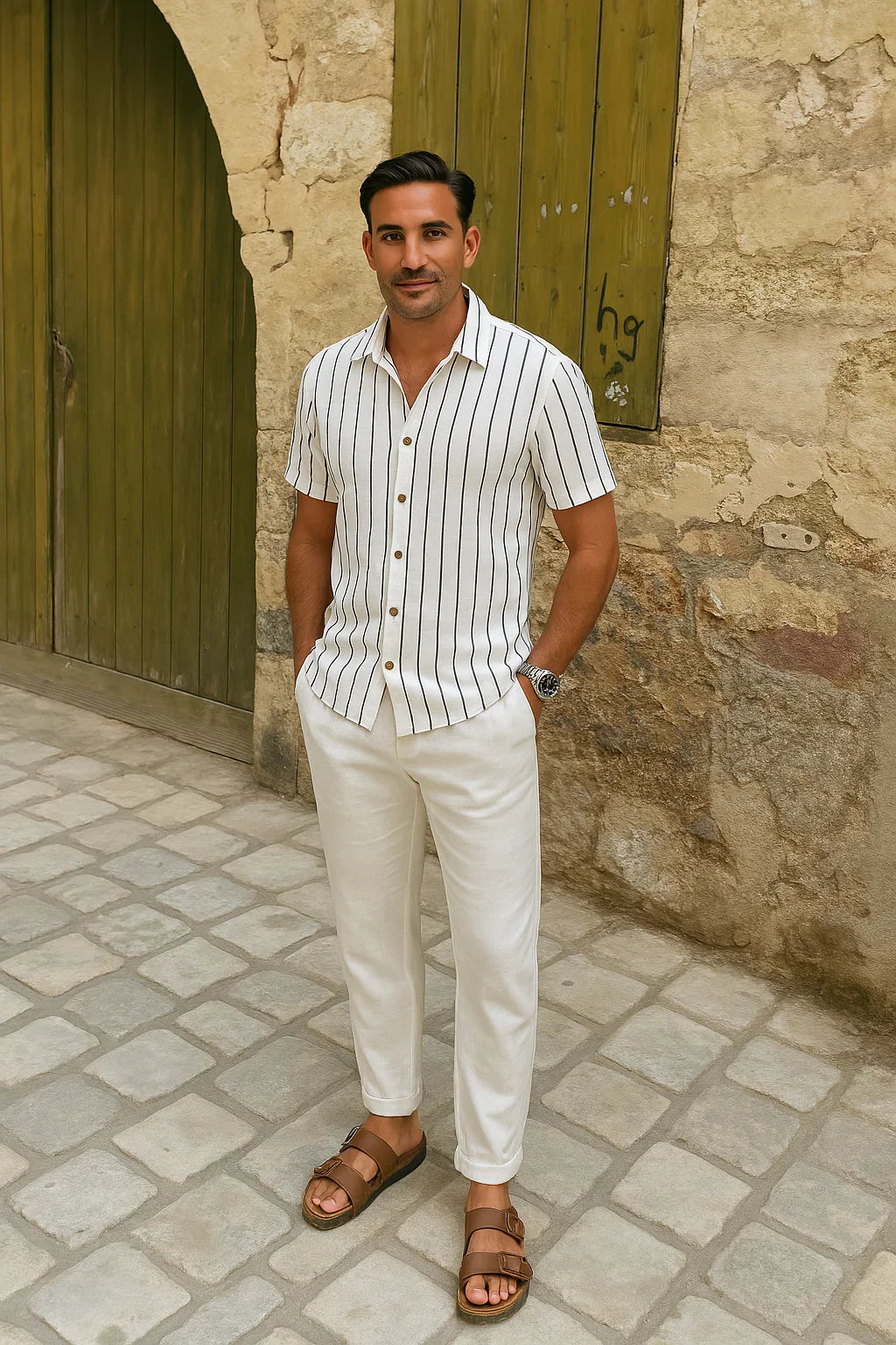 Stylish men’s summer set – striped linen blend shirt & pants – men