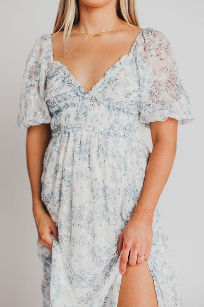 Daphne High Slit Eyelet Detail Maxi Dress in Blue and White Floral - Inclusive Sizing (S-3XL)