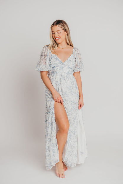 Daphne High Slit Eyelet Detail Maxi Dress in Blue and White Floral - Inclusive Sizing (S-3XL)