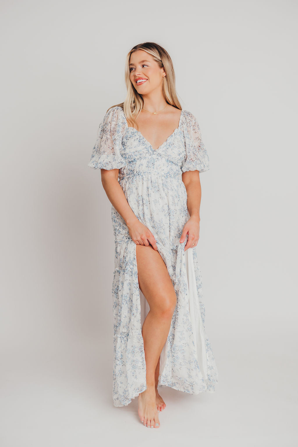 Daphne High Slit Eyelet Detail Maxi Dress in Blue and White Floral - Inclusive Sizing (S-3XL)