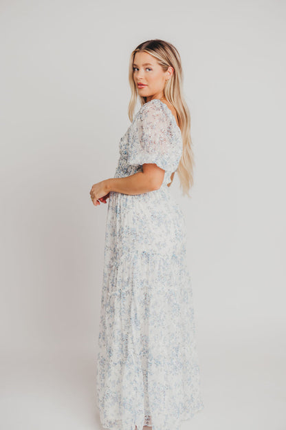 Daphne High Slit Eyelet Detail Maxi Dress in Blue and White Floral - Inclusive Sizing (S-3XL)