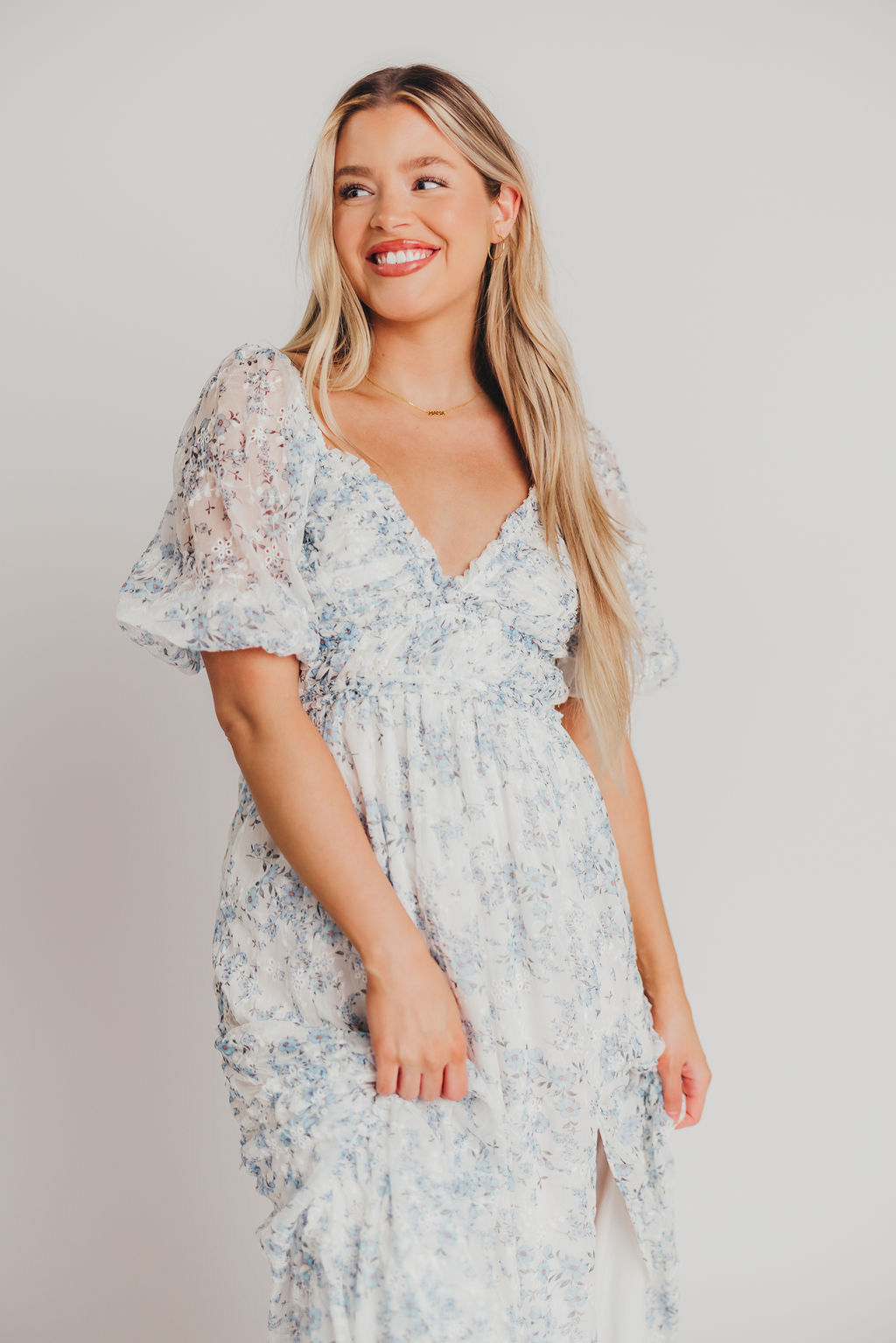 Daphne High Slit Eyelet Detail Maxi Dress in Blue and White Floral - Inclusive Sizing (S-3XL)