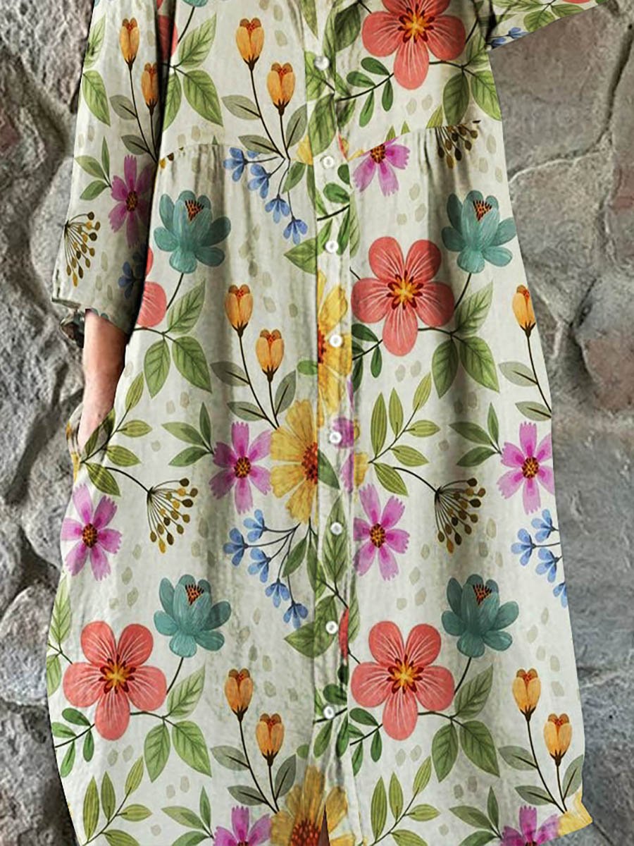 Women's Floral Art Print Cotton Linen Shirt Dress