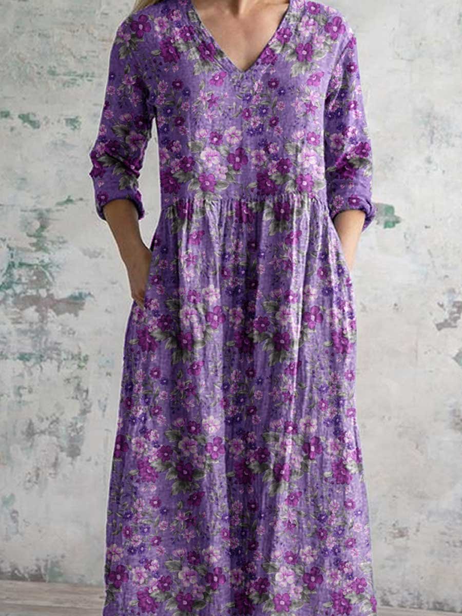 Women's V-neck Elegant Floral Pattern Cotton Dress