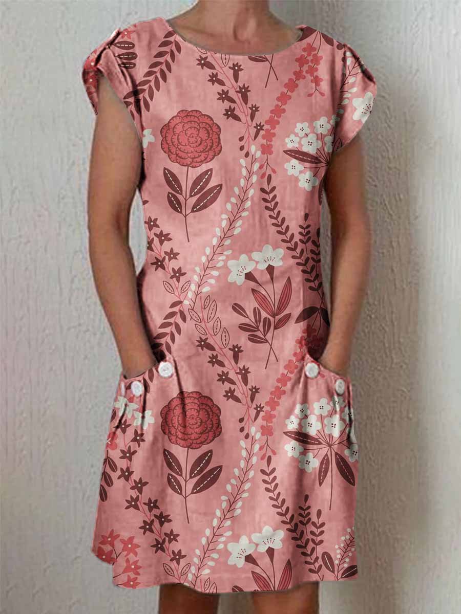 Women's Classic Elegant Rose Pattern Cotton and Linen Dress