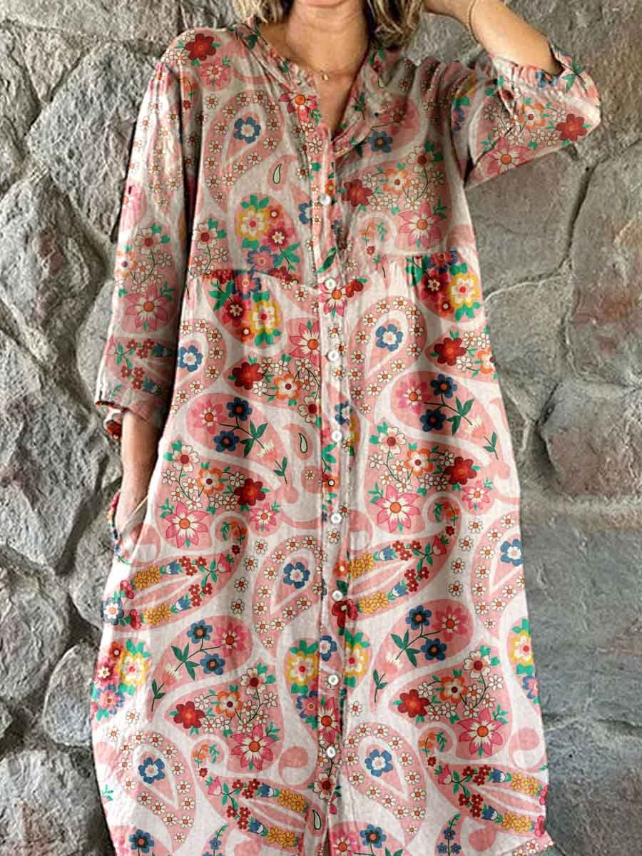 Women's Elegant Vintage Perlis Floral Pattern Shirt Style Cotton and Linen Dress