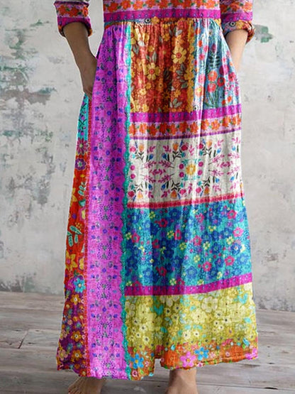 Women's Kantha Style Floral Pattern V Neck Cotton Fabric Dress with Pockets