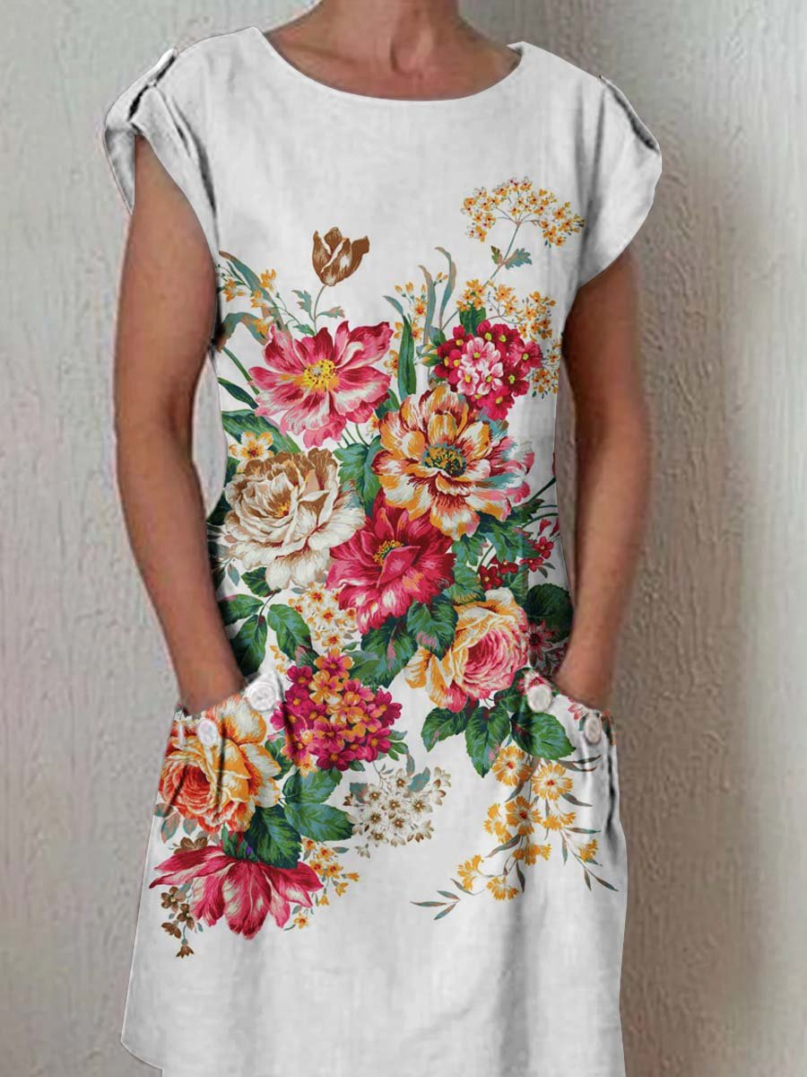 Women's Classic Floral Pattern Cotton and Linen Dress