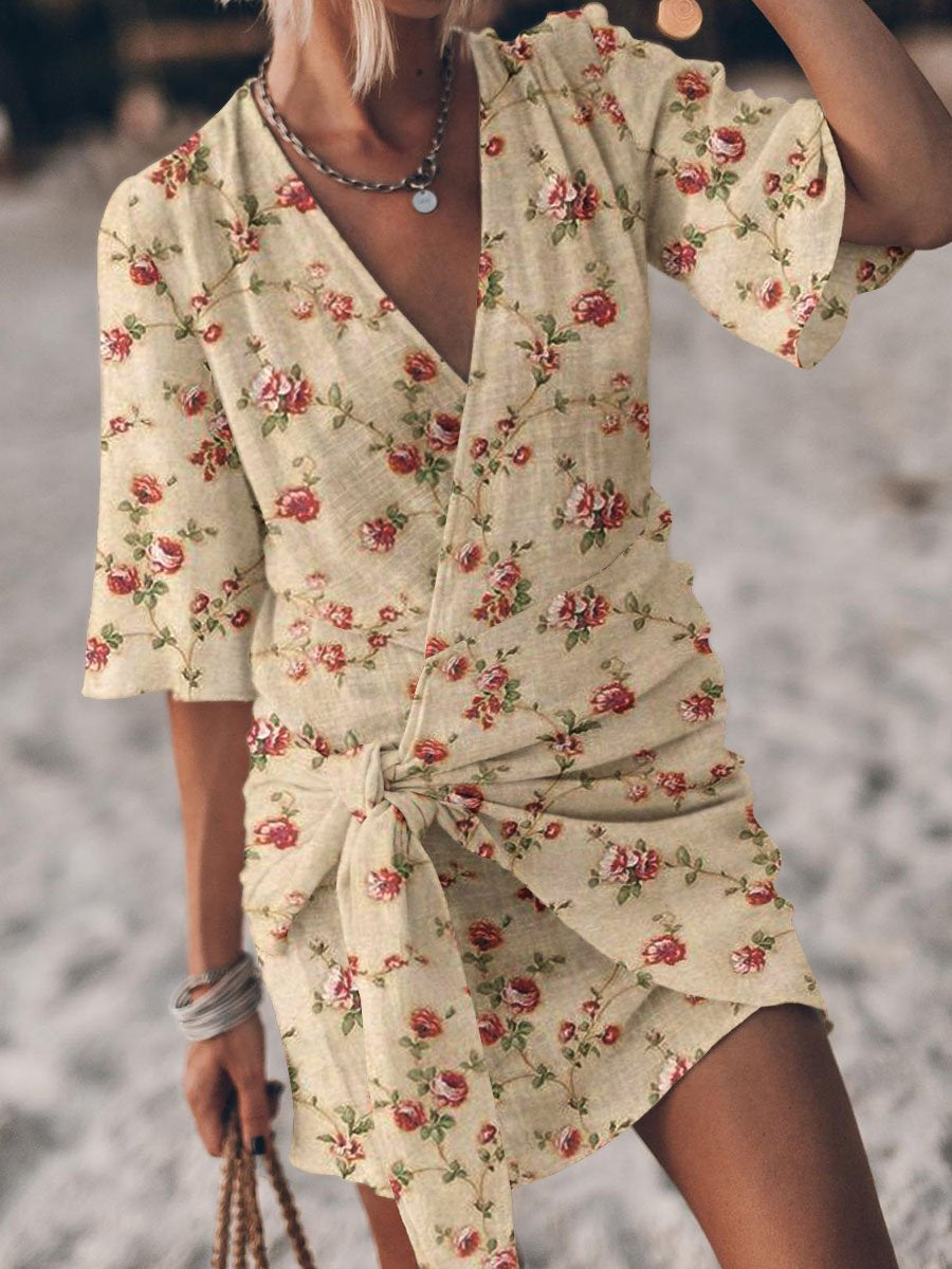 Women's Vintage Rose Print Cotton And Linen The Light Wrap Dress