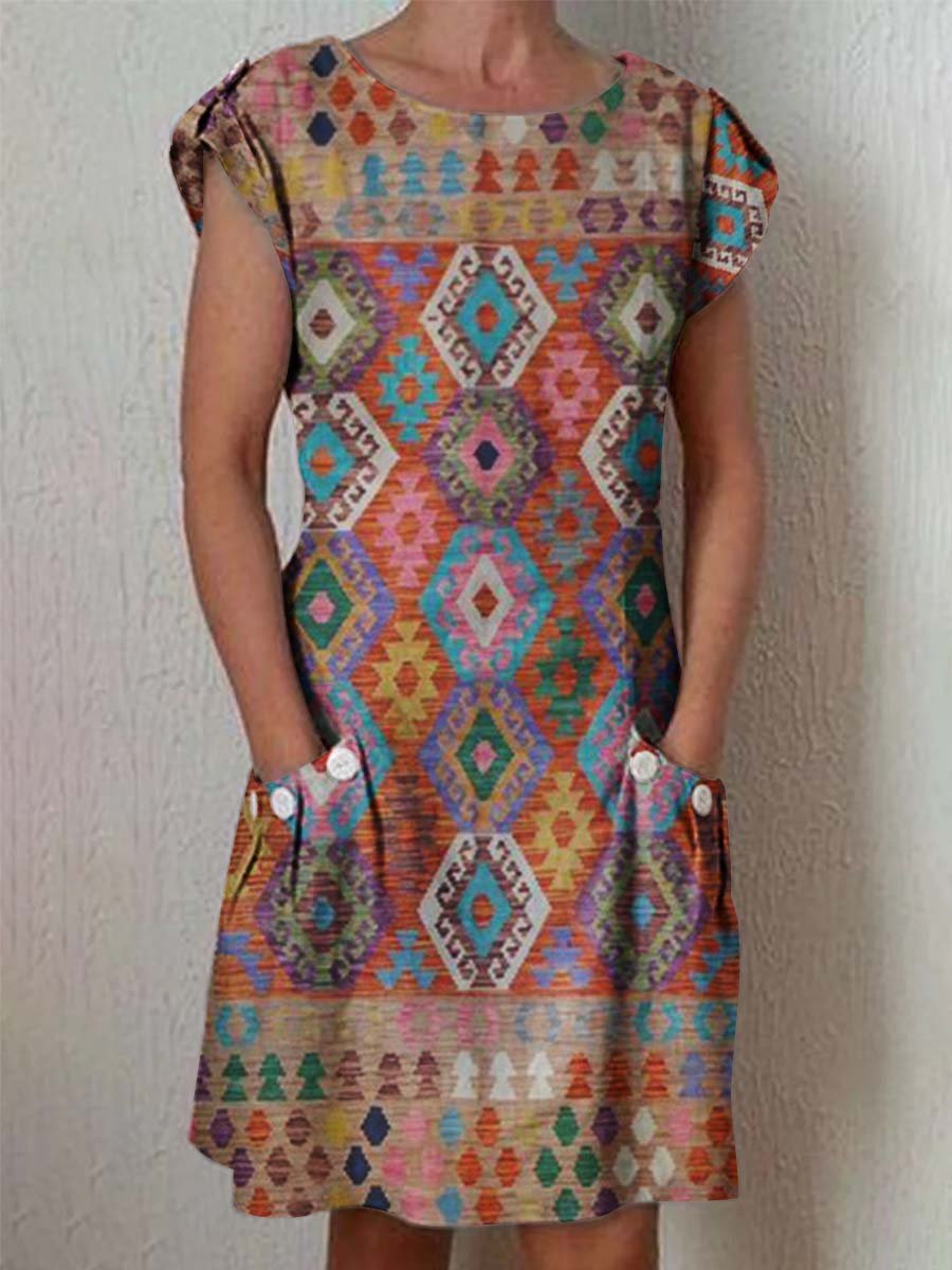 Women's Classic Kantha Vintage Floral Pattern Dress with Pockets