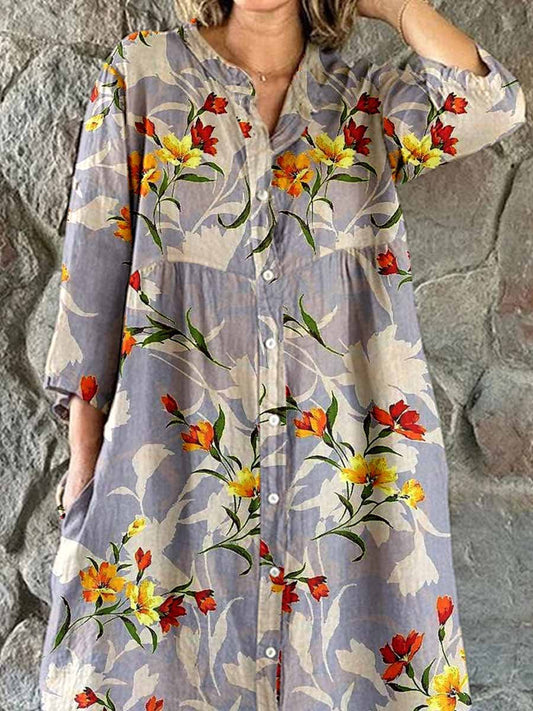 Women's Elegant Floral Print Cotton and Linen Shirt Dress