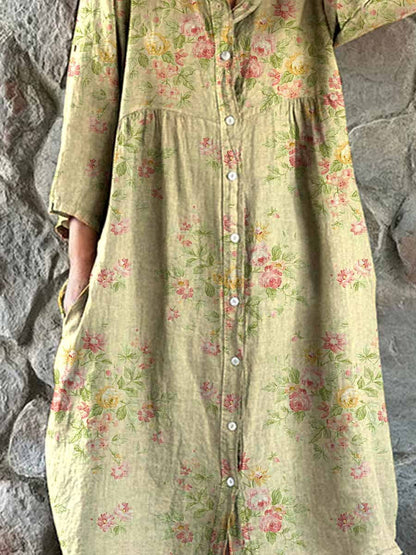 Women's Elegant Simple Floral Pattern Shirt Cotton and Linen Dress with Pockets