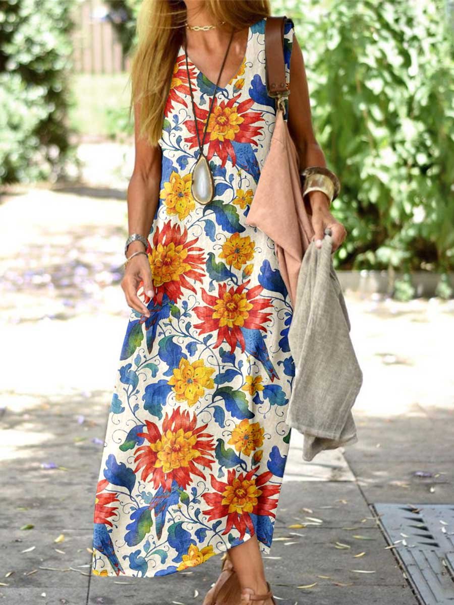 Women's Summer Holiday Floral Loose Cotton and Linen Tank Top Dress