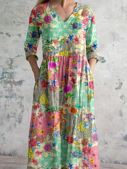 Women's Elegant Floral Pattern V-Neck Cotton Fabric Dress with Pockets