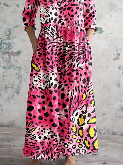 Women's V-neck Pink Leopard Print Cotton Shirt Dress