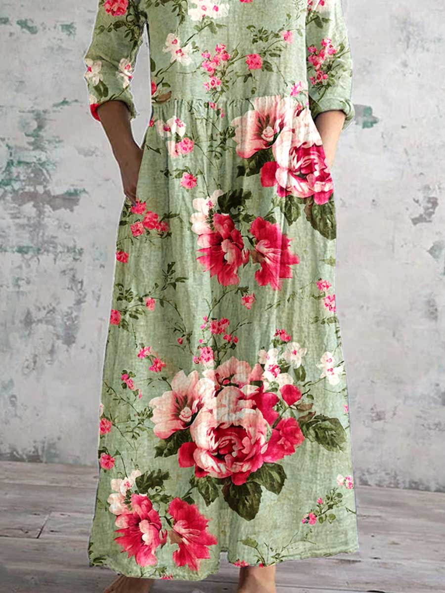 Women's Art Rose Floral V Neck Cotton and Linen Dress With Pockets