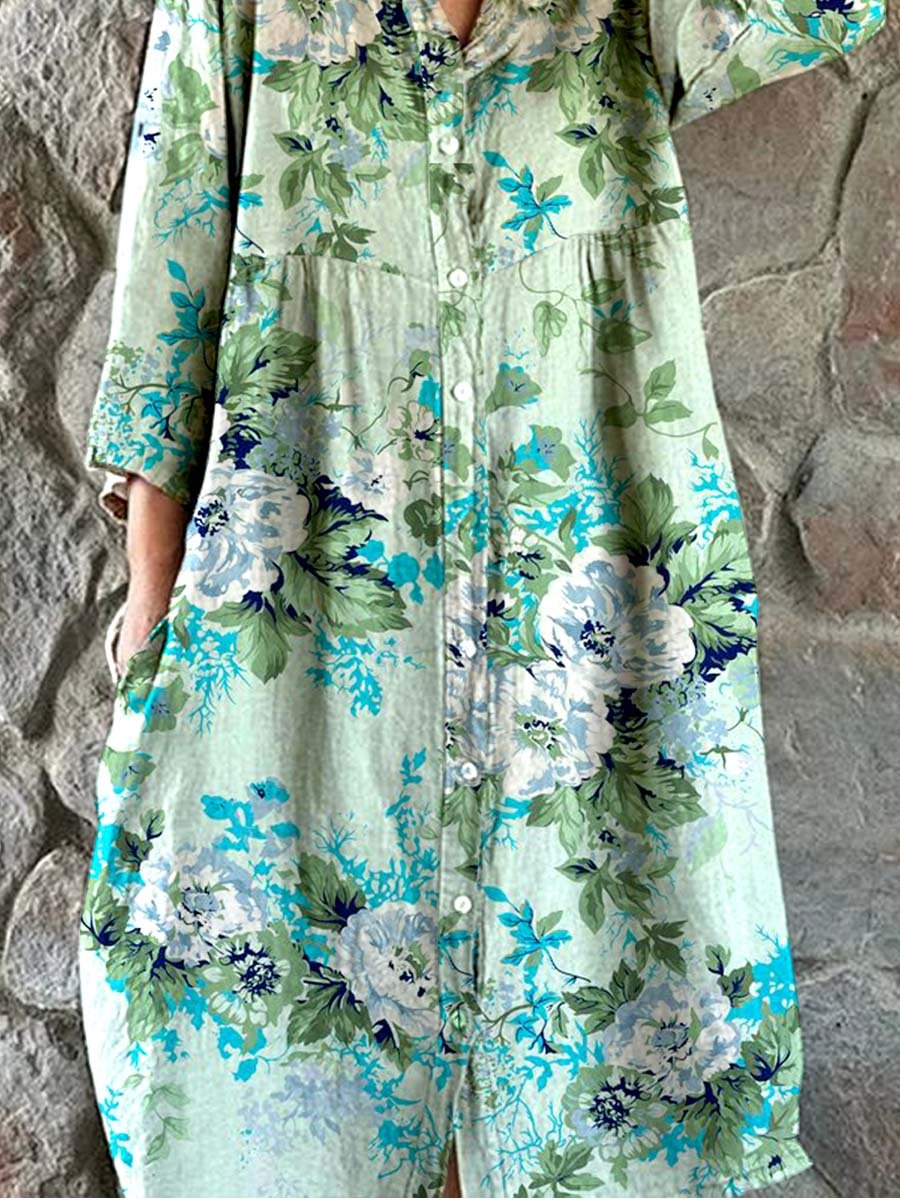 Women's Rose Floral Print Elegant Simple Shirt Cotton and Linen Dress