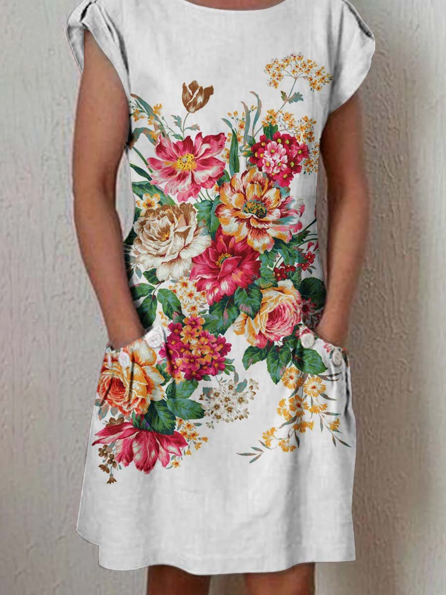 Women's Classic Floral Pattern Cotton and Linen Dress