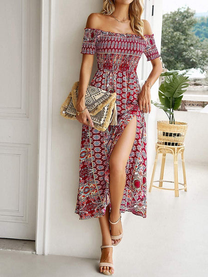 Women's One Shoulder Bohemian Slit Dress