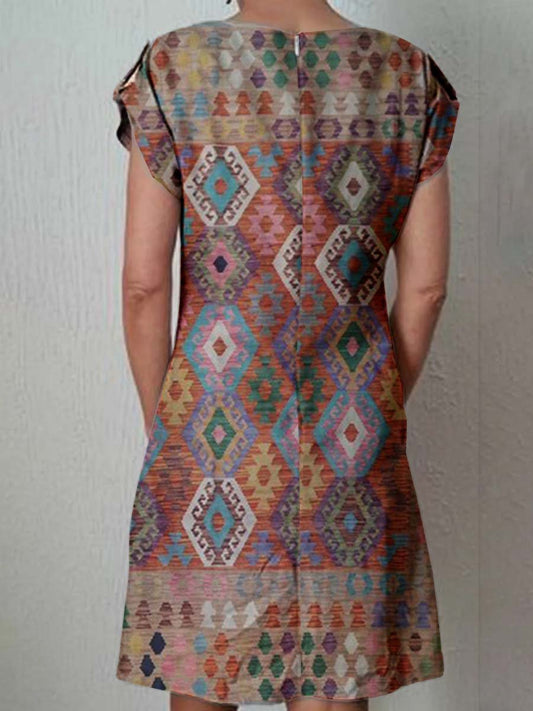 Women's Classic Kantha Vintage Floral Pattern Dress with Pockets