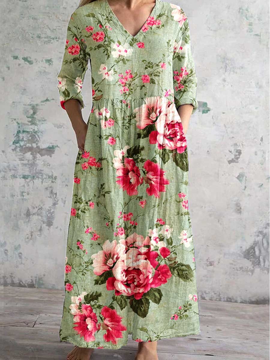 Women's Art Rose Floral V Neck Cotton and Linen Dress With Pockets