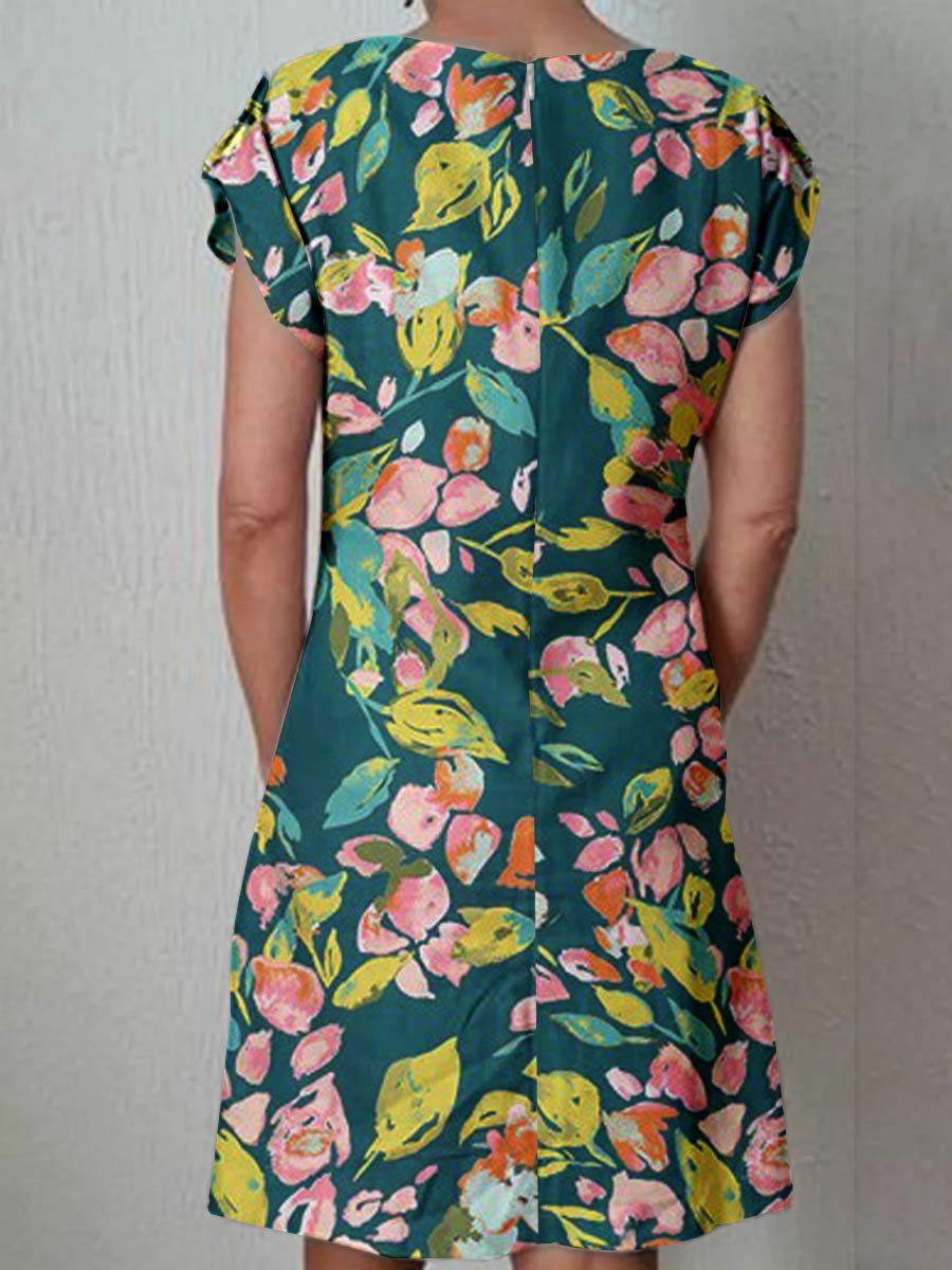 Women's Classic Art Floral Print Cotton and Linen  Dress