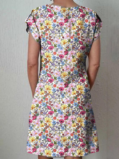 Women's Elegant Rose Floral Pattern Cotton And Linen Dress With Pockets