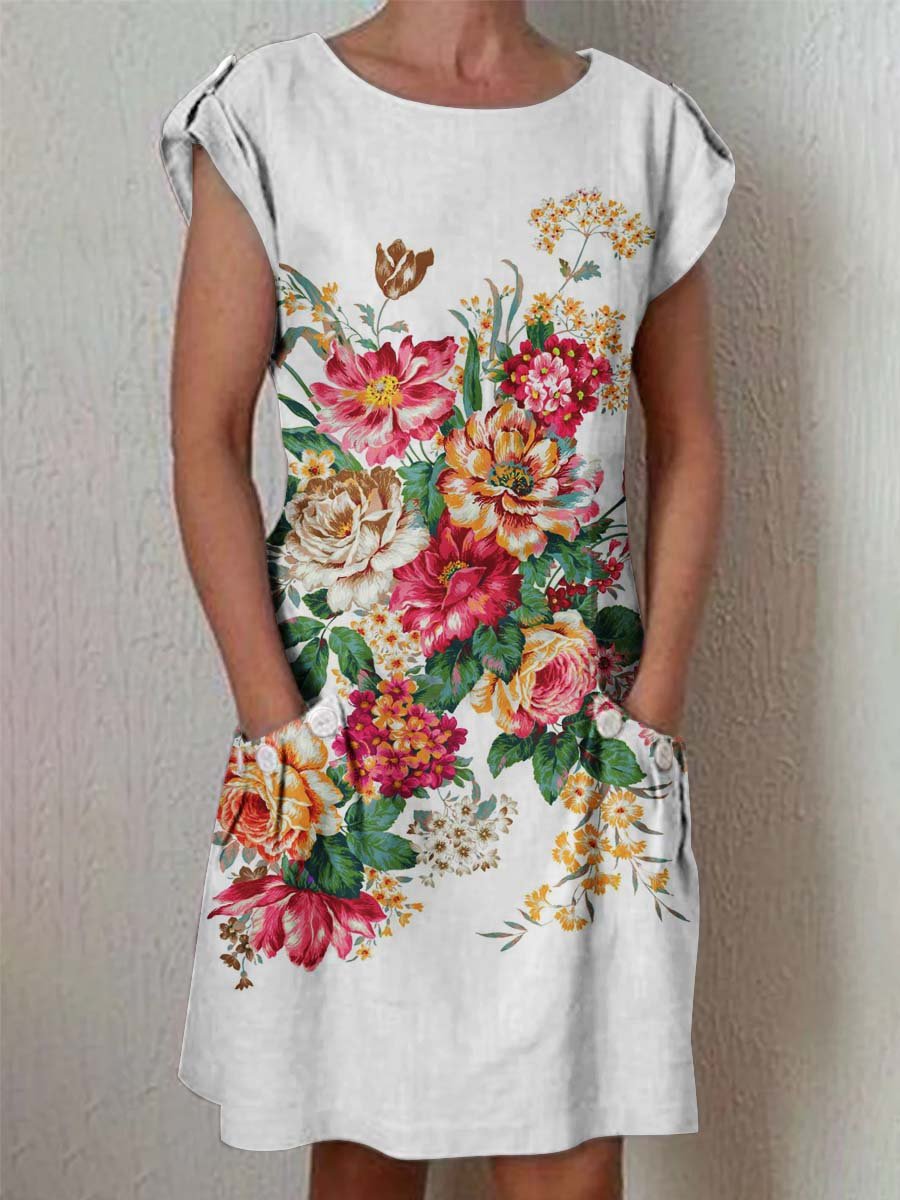 Women's Classic Floral Pattern Cotton and Linen Dress