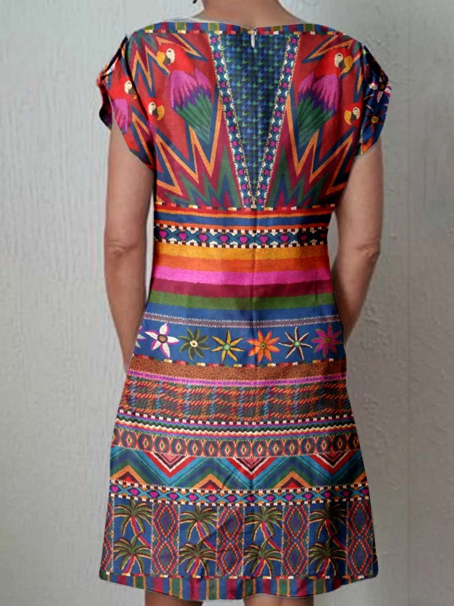 Women's Classic Art Geometric Pattern Vintage Cotton and Linen Dress with Pockets