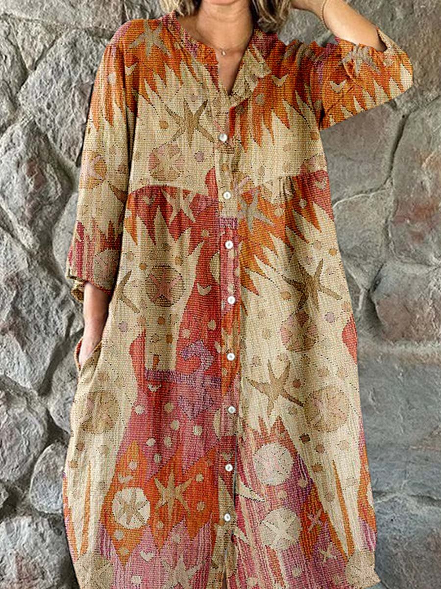 Women's Abstract Art Geometric Floral Shirt Style Cotton and Linen Dress