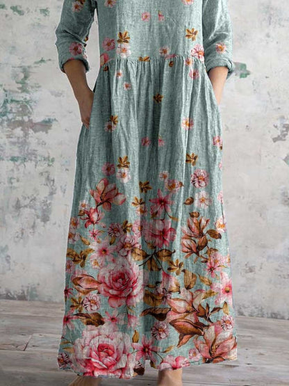 Women's V-neck Elegant Floral Pattern Cotton Dress